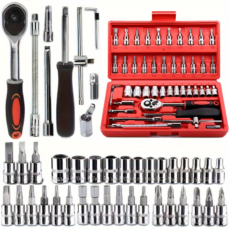 46pcs Car Repair Tool Kit, 1/4 Inch Ratchet Wrench Set with Versatile Bit Socket Set And Extension Bar, Combo Tools Kit, for Car, Motorcycle & Bicycle Repair