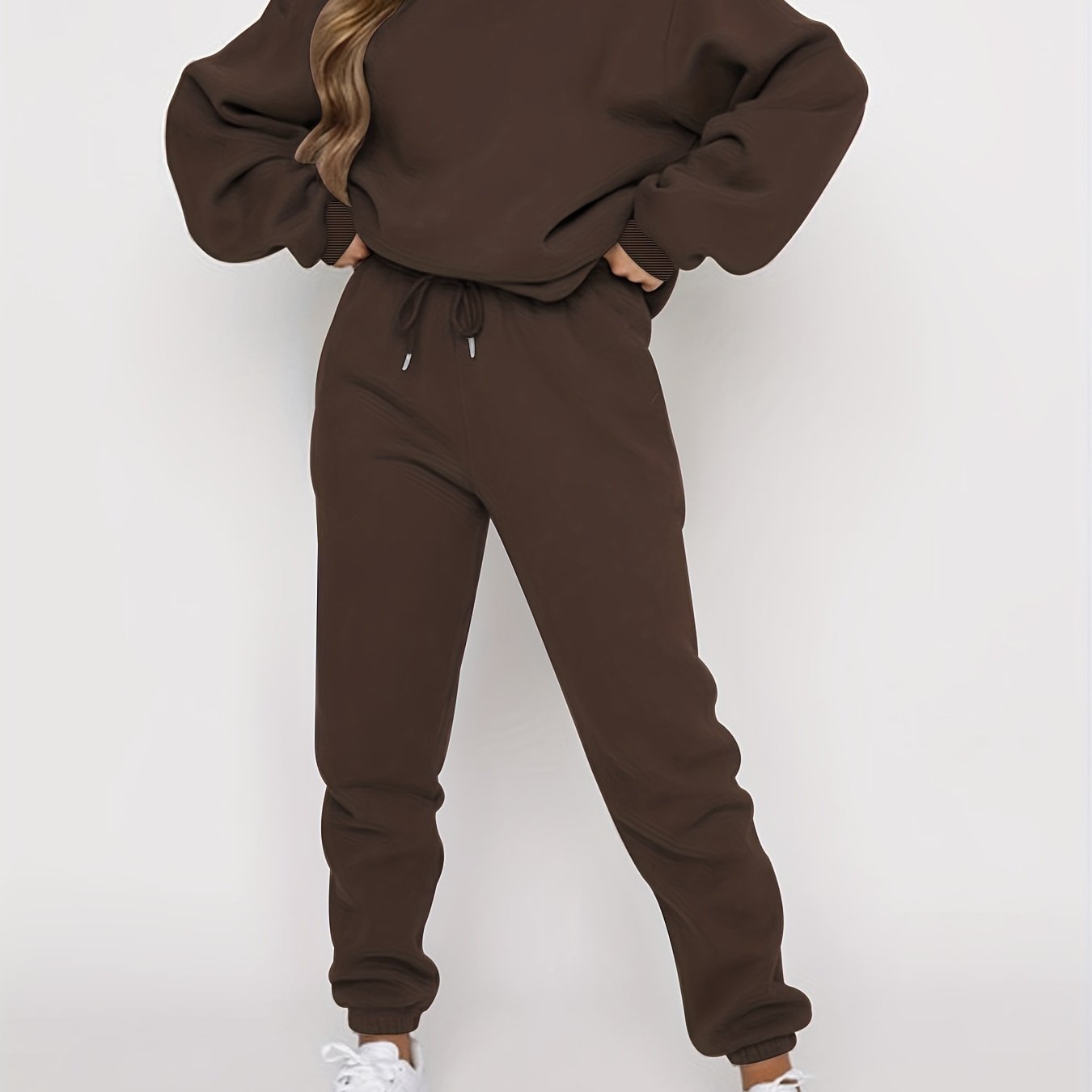 Solid Casual Two-piece Set, Crew Neck Long Sleeve Tops & Drawstring Jogger Pants Oufits, Women's Clothing