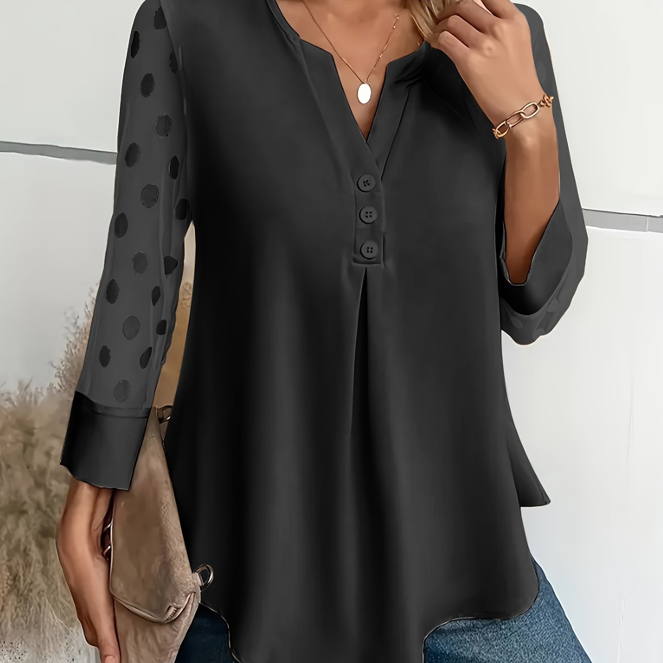 Solid Button Front Blouse, Elegant Long Sleeve Notched Neck Top, Women's Clothing