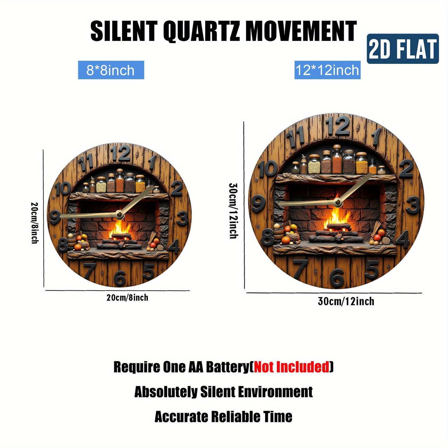 1 round acrylic wall clock - silent and tick-free, featuring a rustic fireplace design with a spice rack and flame effect, battery operated (excluding AA batteries) - home decoration, perfect for Christmas and Easter gifts, 2
