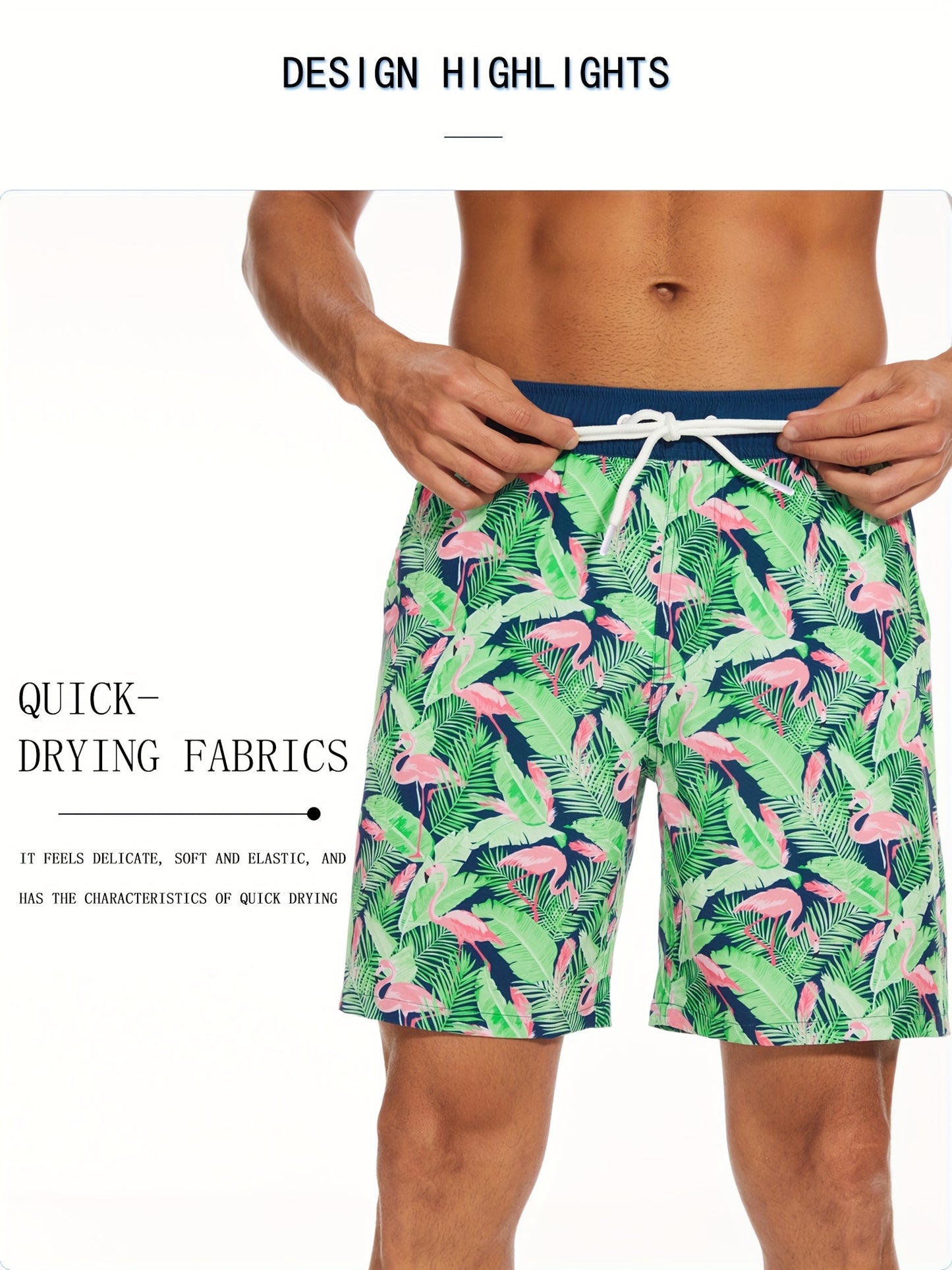 Men's Quick-Dry Beach Shorts with Tropical Palm Tree & Palm Leaf Print - Breathable Stretch Fabric for Summer, Outdoor, Hiking, Swimming - Machine Washable Casual Athletic Shorts, Outdoor Activewear, Summer Shorts