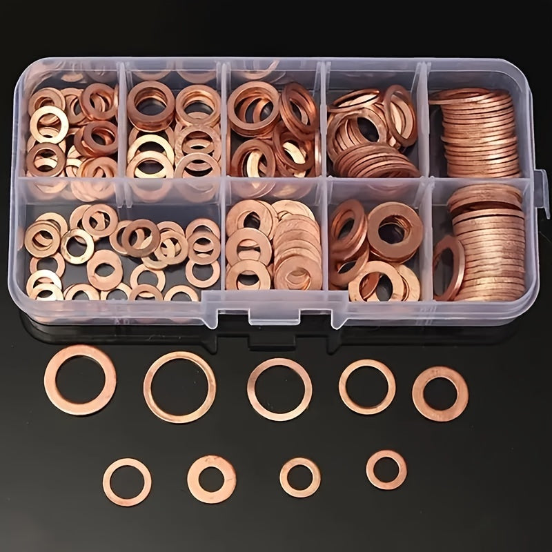 100pcs Copper Washer Gasket Nut And Bolt Set, Flat Ring Seal Assortment Kit With Box,/M5/M6//M8/M10/M12/M14 For Sump Plugs