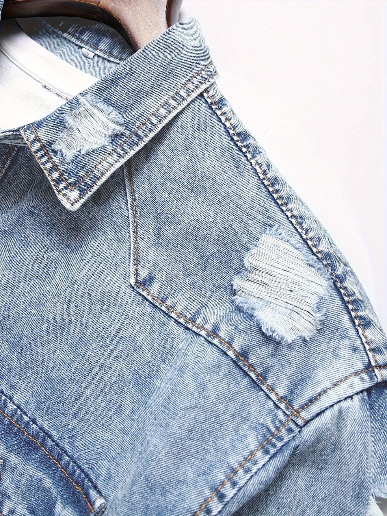 Men's Trendy Ripped Design Casual Button Up Long Sleeve Denim Shirt, Men's Clothes For Spring Summer Autumn, Tops For Men
