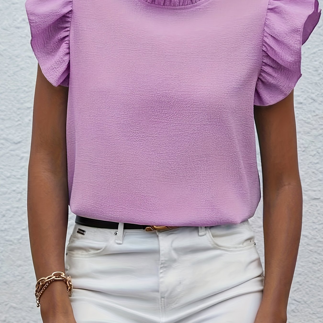 Ruffle Trim Round Neck Blouse, Casual Flutter Sleeve Blouse For Spring & Summer, Women's Clothing Wedding holiday vacation
