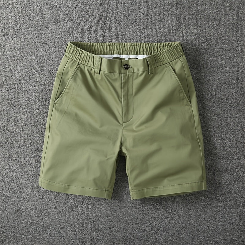 Men's Summer Micro-Elastic Casual Shorts - Four-Tenths Length, Olive Green, Mid-Rise Waist, Elastic Waistband, Side Pockets, Lightweight & Breathable for Casual Attire