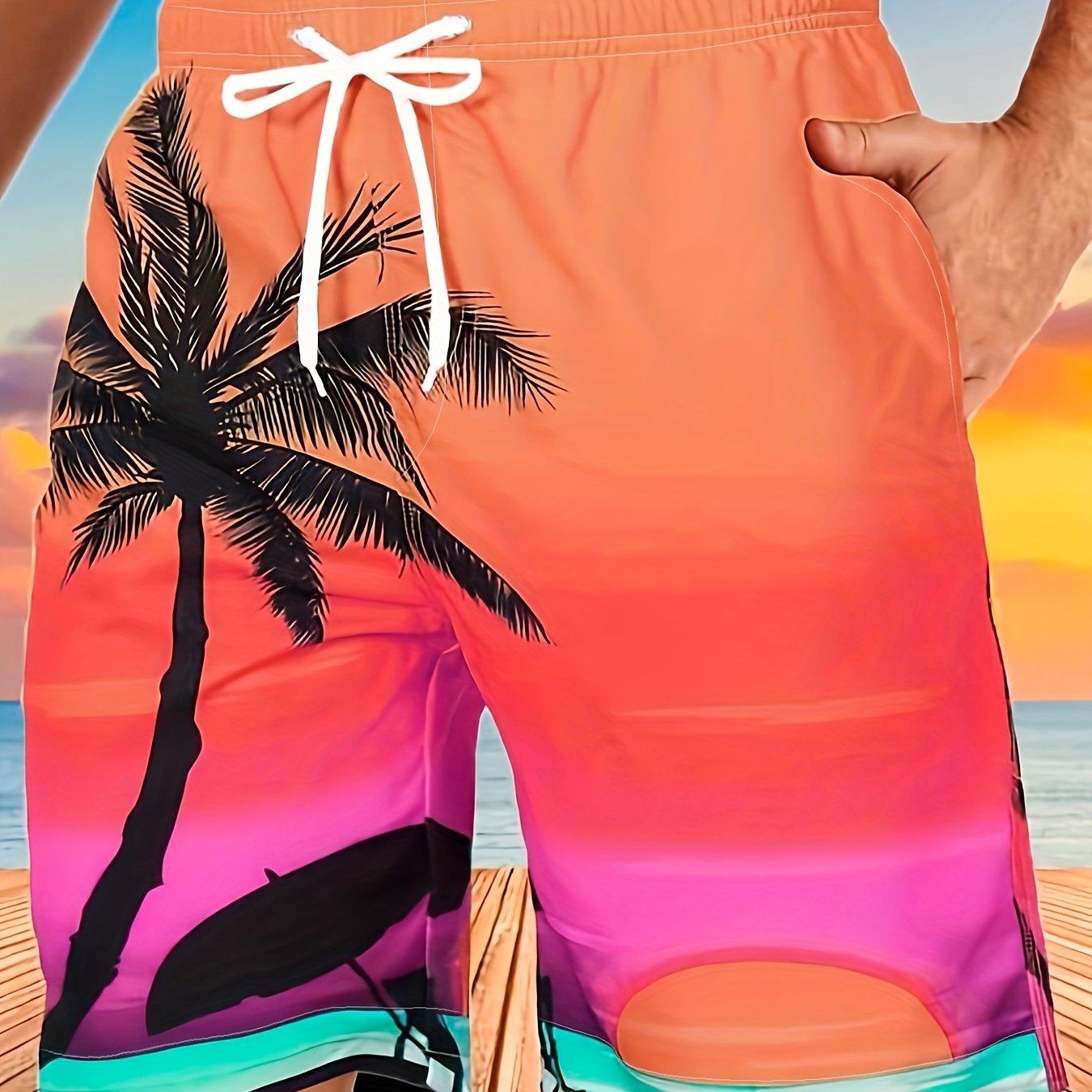 Quick Drying Comfortable Breathable Gradient Palm Tree At Dawn Seaside Drawstring Swim Trunks, Men's Board Shorts Swimwear For Summer Vacation Resort Beach Pool