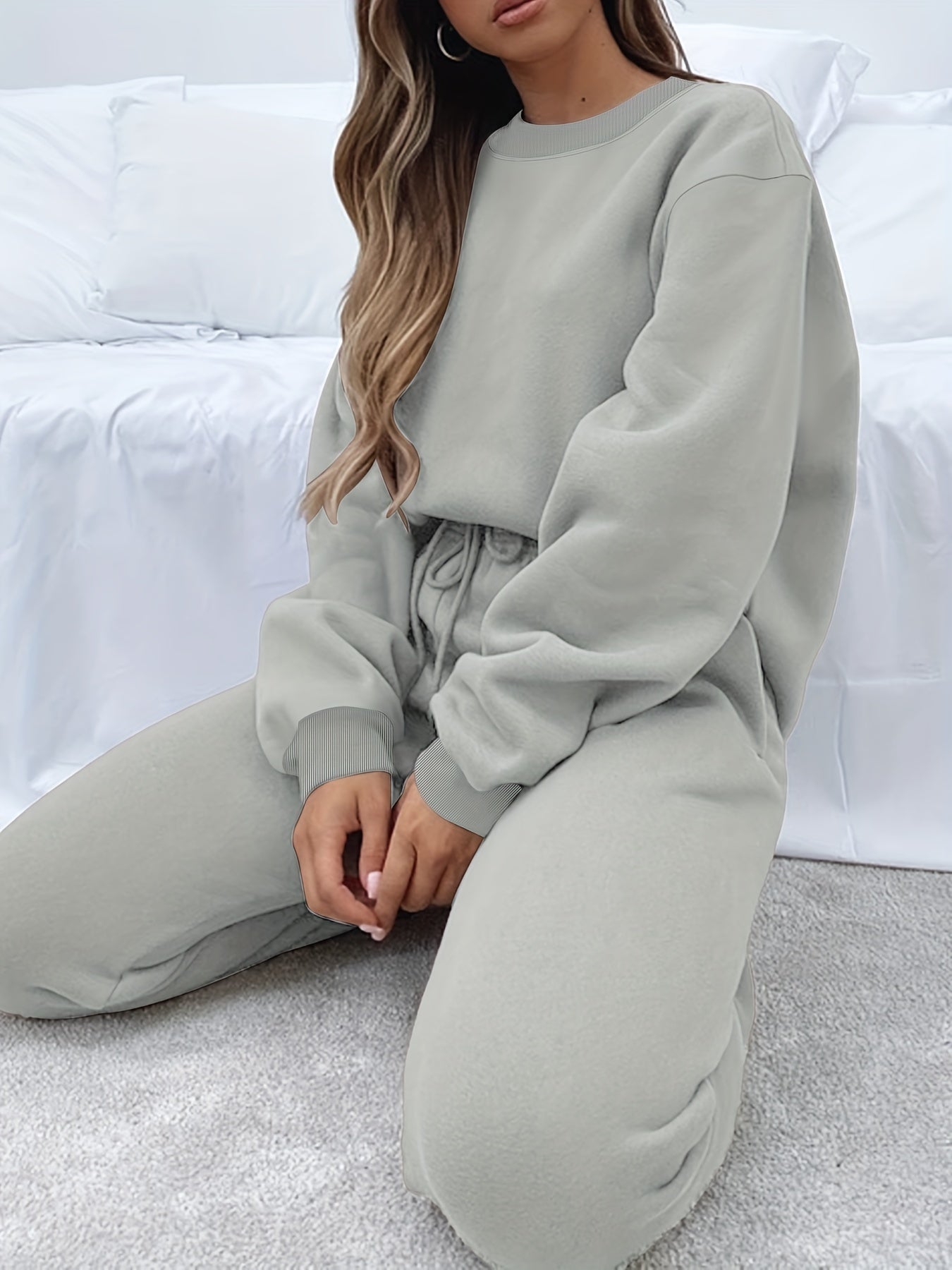 Solid Casual Two-piece Set, Crew Neck Long Sleeve Tops & Drawstring Jogger Pants Oufits, Women's Clothing