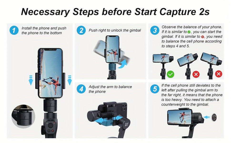 3-Axis Gimbal Stabilizer for iPhone 13 12 11 Pro Max XS X XR Samsung s21 s20 Android Smartphone, Handheld Gimble with Focus Wheel, Phone Stabilizer for Video Recording Vlog - FUNSNAP Capture 2s Combo