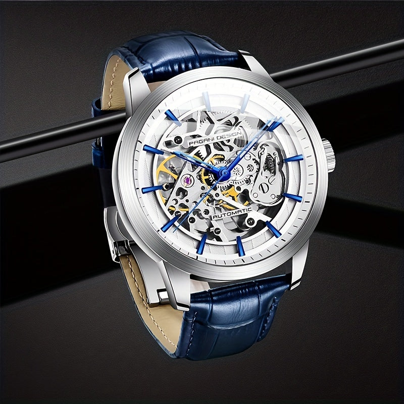 Pagani Design 2023 Men's Automatic Skeleton Watch, Self-Winding, Stainless Steel, Leather Strap, Pointer Series, Water Resistant To 100 Meters Sports Leather Watch