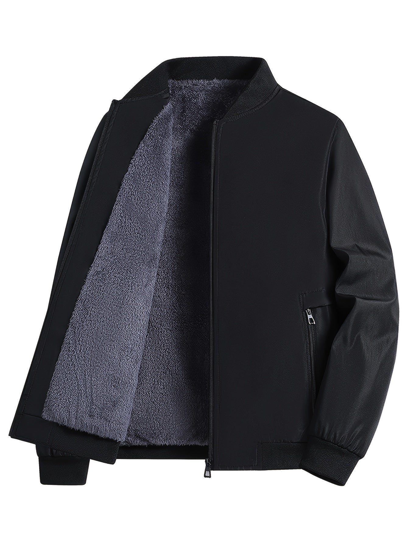 Men's Winter Insulated Full-Zip Jacket with Fleece Lining - Grey Casual Baseball Collar Coat, Zippered Pockets & Polyester Shell for Cold Weather, Outdoor & Everyday Use - Hand Washable (No Dry Clean)
