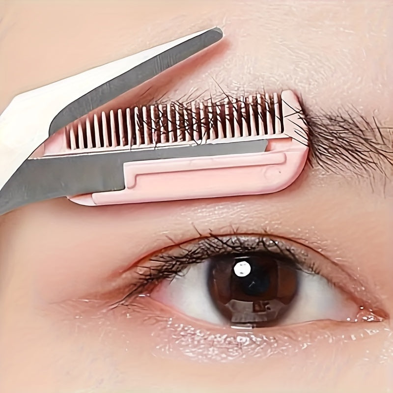 1pc Pink Eyebrow Trimmer with Built-in Comb, Stainless Steel Precision Grooming Tool, Perfect for Beginners, Plastic & Metal, Ergonomic Handle, Fragrance-Free
