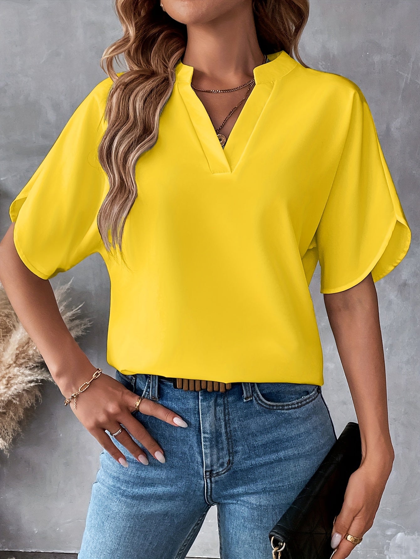 Solid Color Notch Neck Blouse, Casual Short Split Sleeve Blouse For Spring & Summer, Women's Clothing