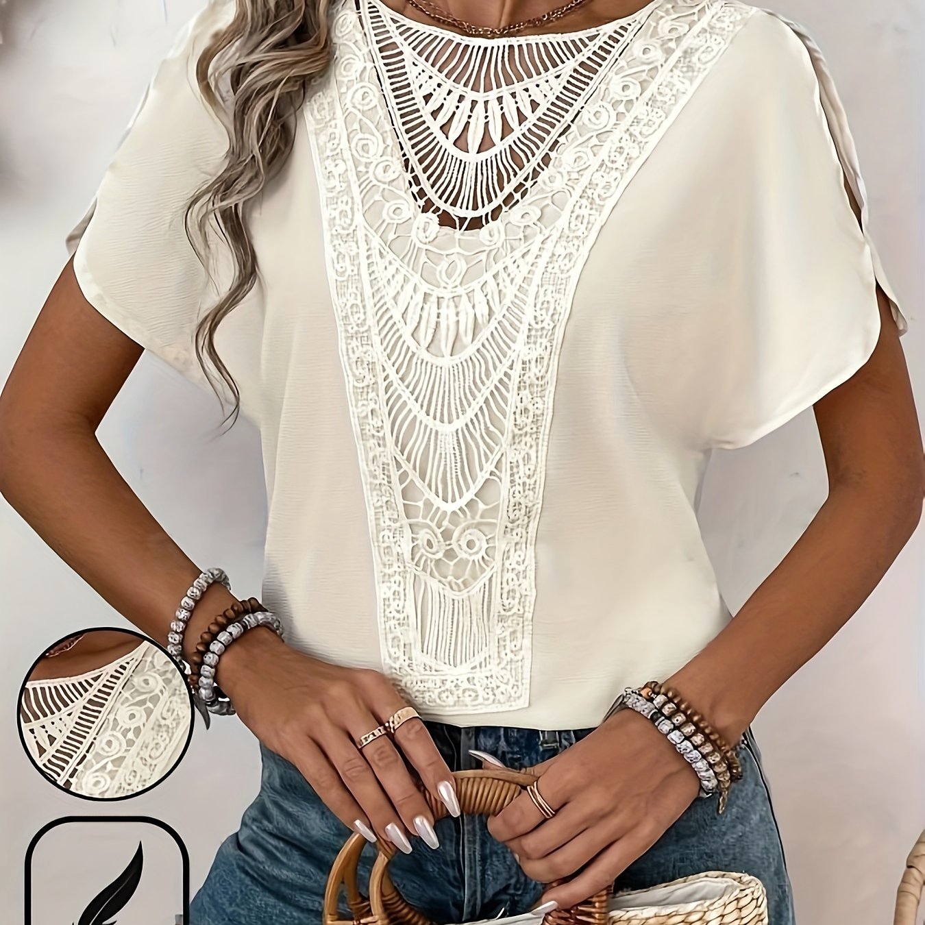 Contrast Lace Crew Neck Blouse, Elegant Solid Split Sleeve Blouse For Spring & Summer, Women's Clothing