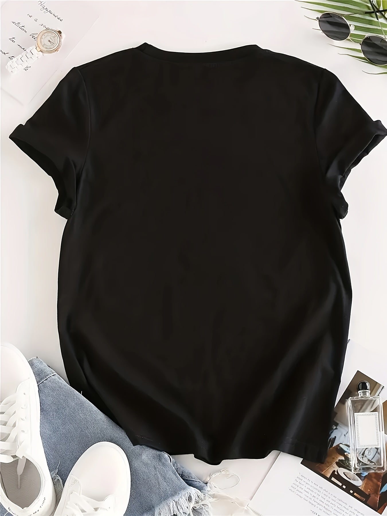 Rainbow Heart & Letter Print T-shirt, Versatile Short Sleeve Crew Neck Top, Women's Clothing