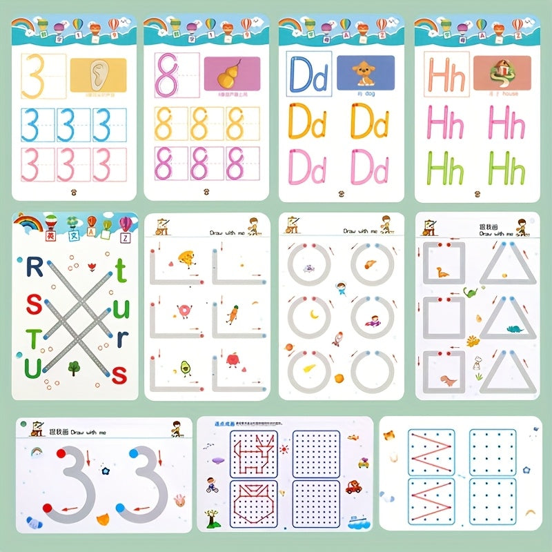 128-Page Reusable Magic Writing Practice Workbook Set - Full Brain Development & Writing Skills for, to Grade 1 Curriculum with Eraser & Answer Key-like Pages, Interactive Learning for Chinese/English Phonics, Math & ABCs (Gi