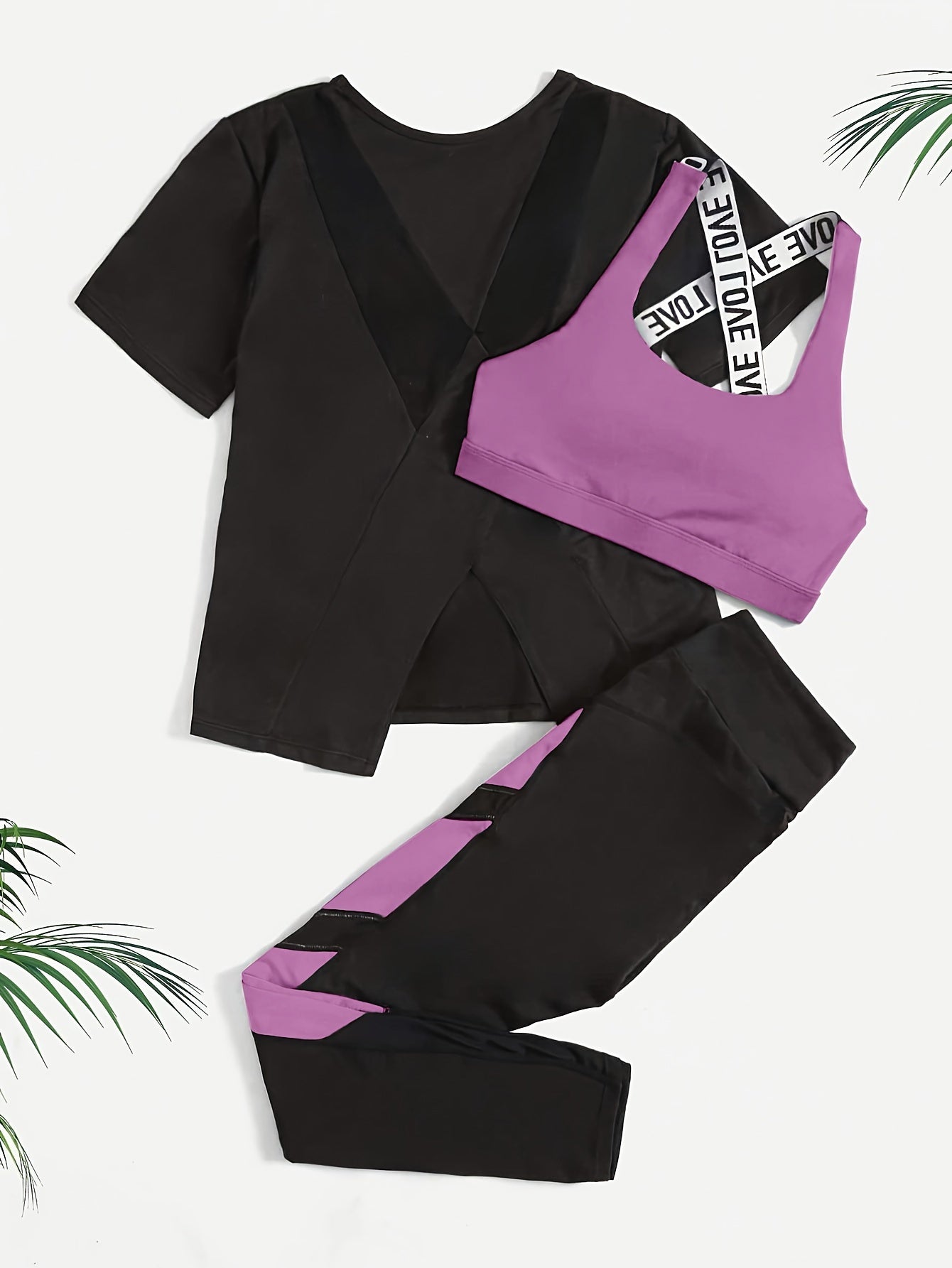 3pcs Women's Yoga Set in Black & Purple - High-Stretch, Sleeveless Sports Bra with Crisscross Straps, Short Sleeve Top & Leggings - Polyester & Elastane Blend, Machine Washable