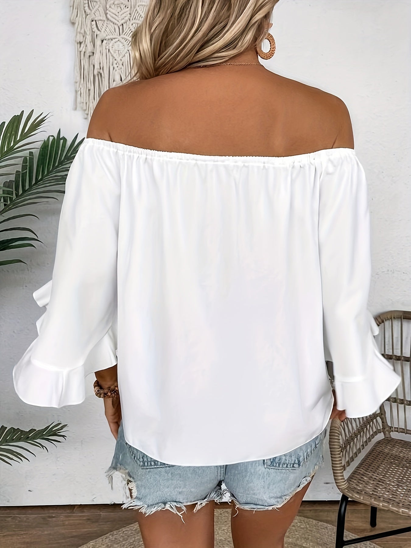 Ruffle Trim Off-shoulder Blouse, Casual Knot Hem Three-quarter Sleeve Blouse For Spring & Summer, Women's Clothing