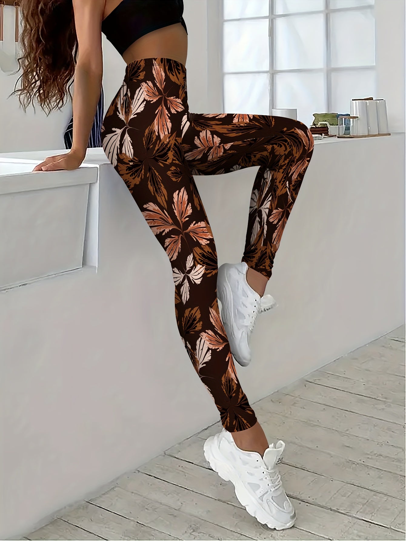 Women's High-Waisted Pants - Non-Slip Elastic Waist Leggings, Brown/Black Tropical Leaf Print, Medium-Stretch Non-See-Through Fabric for,, Casual & Formal Outfits - All-Season Trousers, Leggings, Formal Attire Leggings, Durab