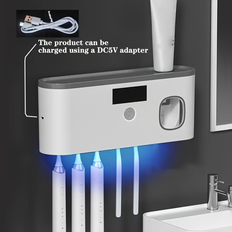 1pc Smart Toothbrush Sanitizer with Automatic Toothpaste Dispenser, Wall-Mounted UV Sterilization Holder, 5-Slot Storage, Durable Plastic, USB Rechargeable Lithium Battery, Bathroom Organization and Home Decor, Toothbrush Hol