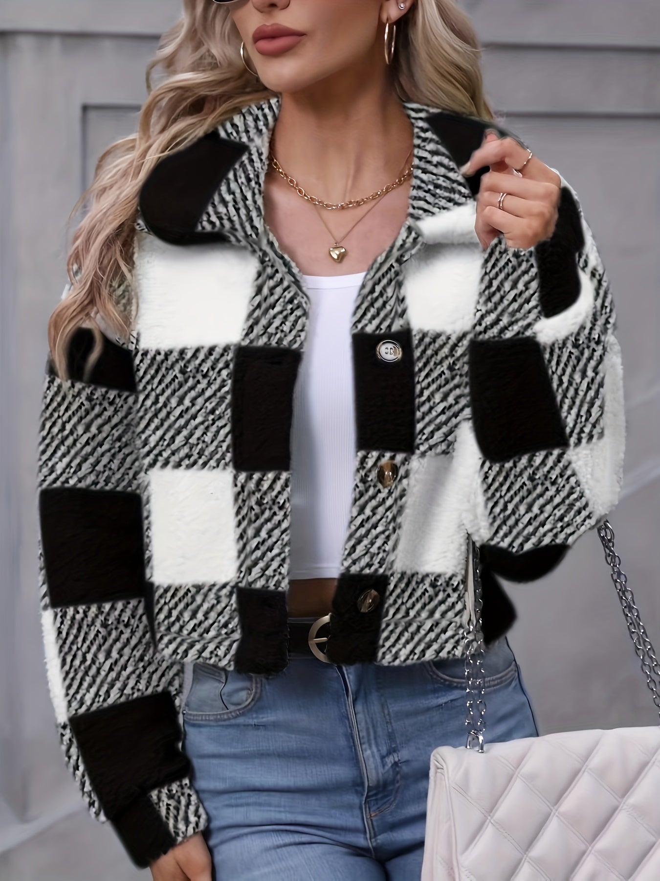 Plaid Teddy Coat, Casual Button Front Long Sleeve Winter Warm Outerwear, Women's Clothing