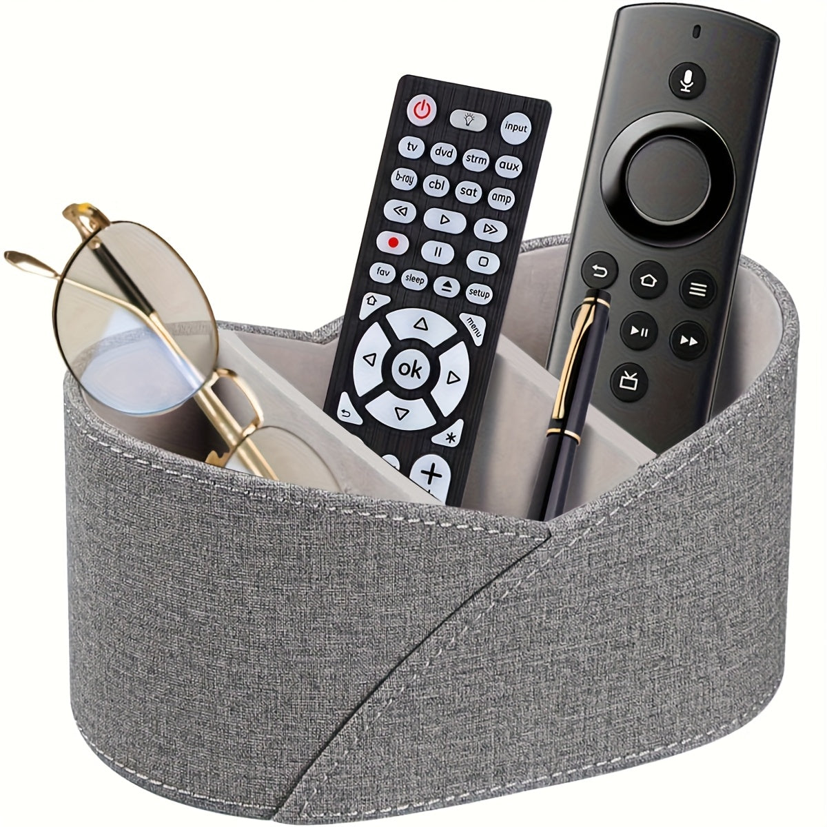 PU Leather Open Storage Box with 3 Compartments, Desktop Remote Control Holder/Makeup Organizer/Versatile Gray Storage Basket for Home Appliance Controllers, Cosmetics, Art Supplies, Stationery, Glasses, Office Supplies and A