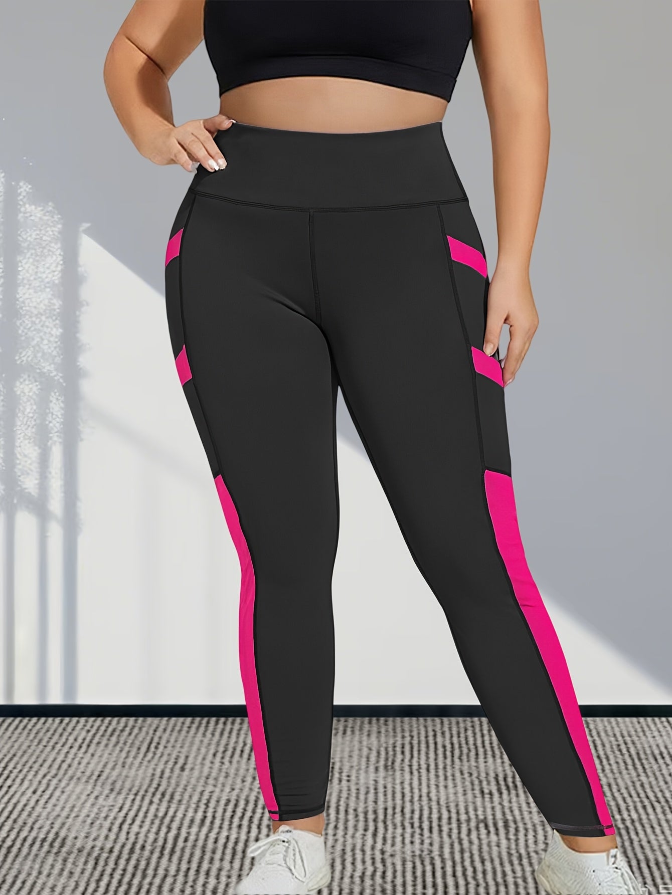 Plus Size Women's High-Waisted Tummy Control Yoga Leggings - 4-Way Stretch Workout Pants with 4 Side Pockets, Butt-Lifting Posture & All-Season Wear for Gym, Running, - Non-Sheer Opaque Fitness Pants (Black/Grey)