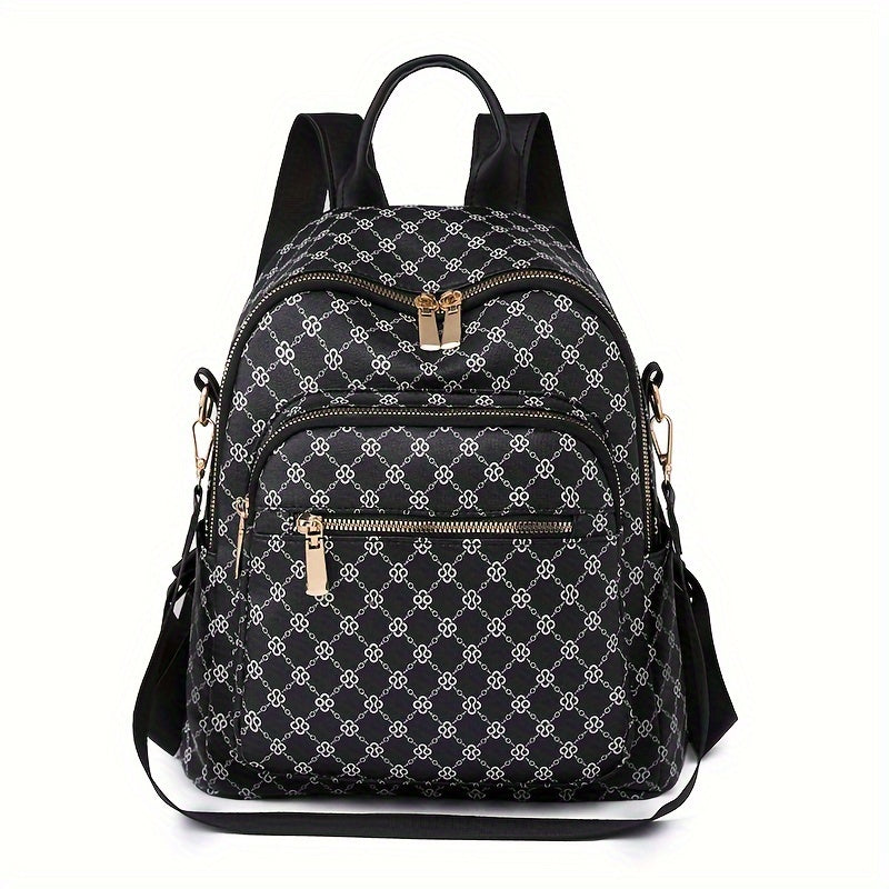 Women's Clover Backpack - Large Capacity, Adjustable Straps,, Zip Closure, Geometric Pattern, Beige//Black, Casual College Style, Perfect for Students and Travel, Backpack for School
