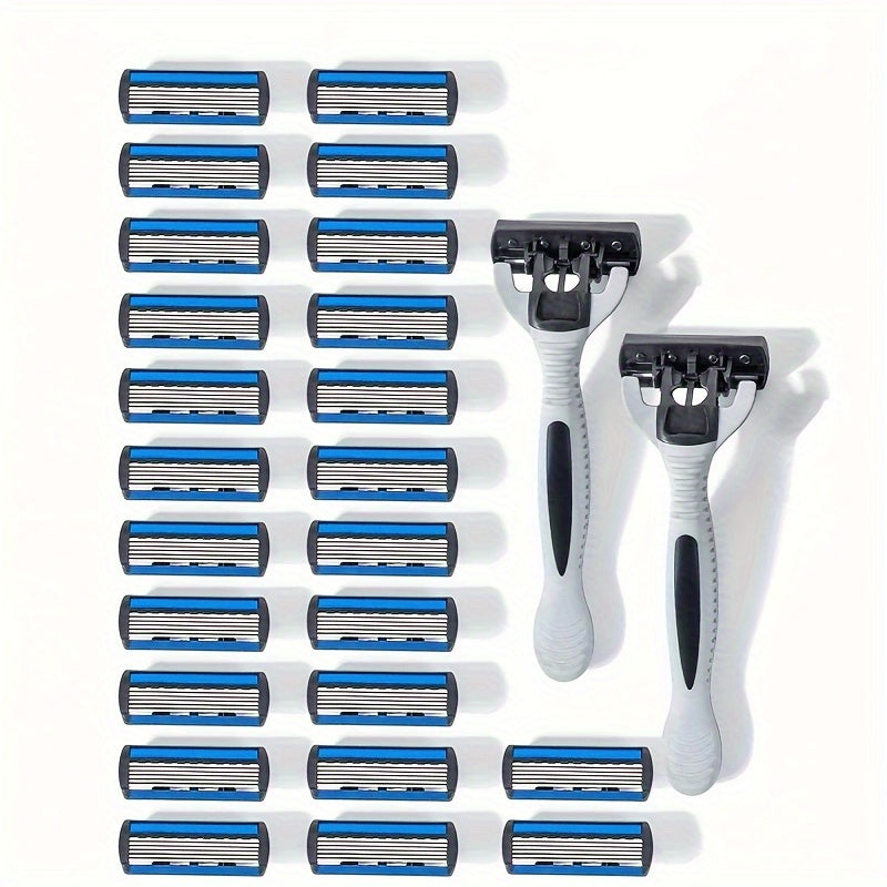 Men's Manual Shaver Set, 2 Handle + 24 Blades, Safety Razor 6-Layers Stainless Steel Hair Removal Shaving Blades Replaceable Shaver Heads, Shaving Tools