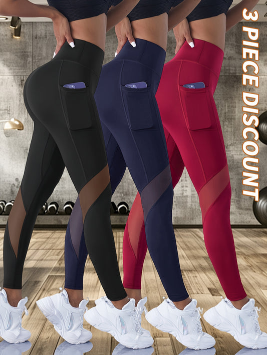 3-Pack Women'S High Waist Capri Yoga Pants, Moisture-Wicking Sports Leggings with Pockets, Breathable Polyester Knit Athletic Tights for Outdoor Fitness, Solid Color, 3/4 Length