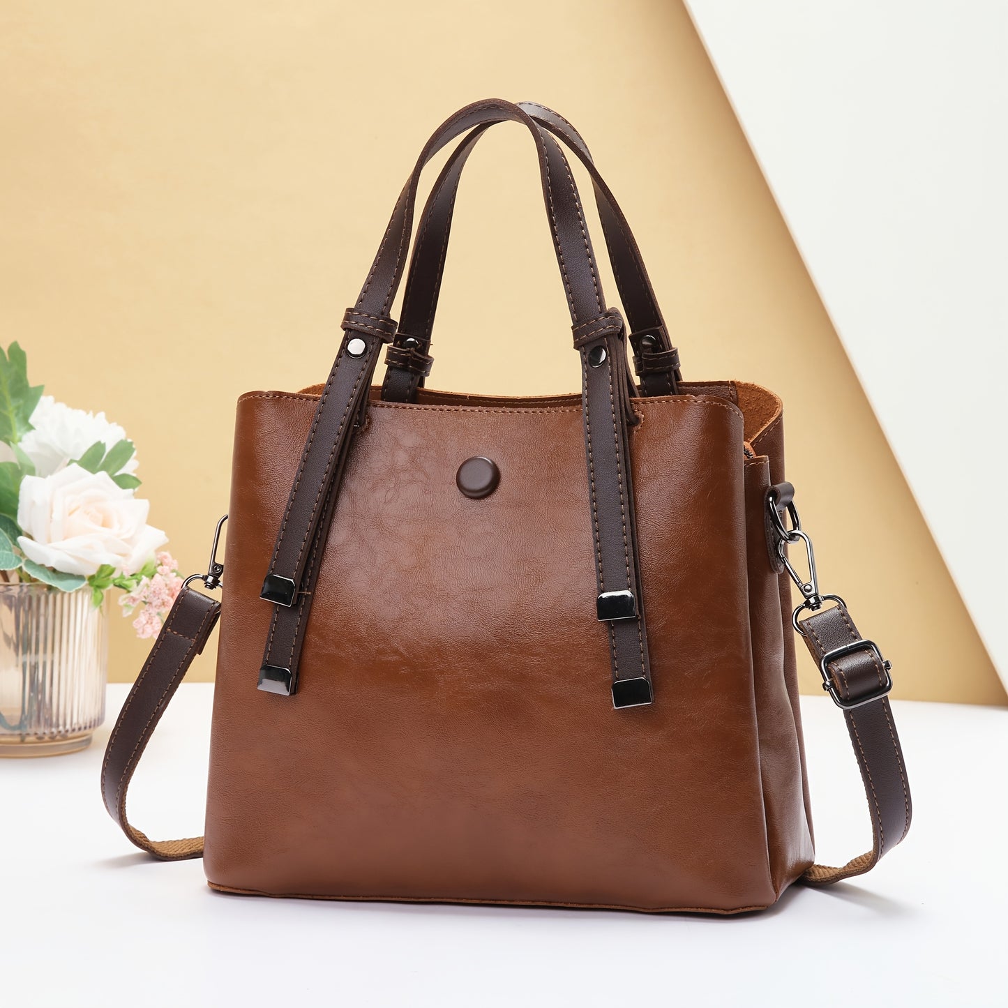 Women's Vintage Handbag with Detachable Crossbody Strap - Large Capacity Tote & Shoulder Bag, Golden-Tone Hardware, Zipper Closure, Lining, Golden-Tone Hardware - Elegant Brown/Beige/Coffee/Red/Black, Versatile for Work, Trav