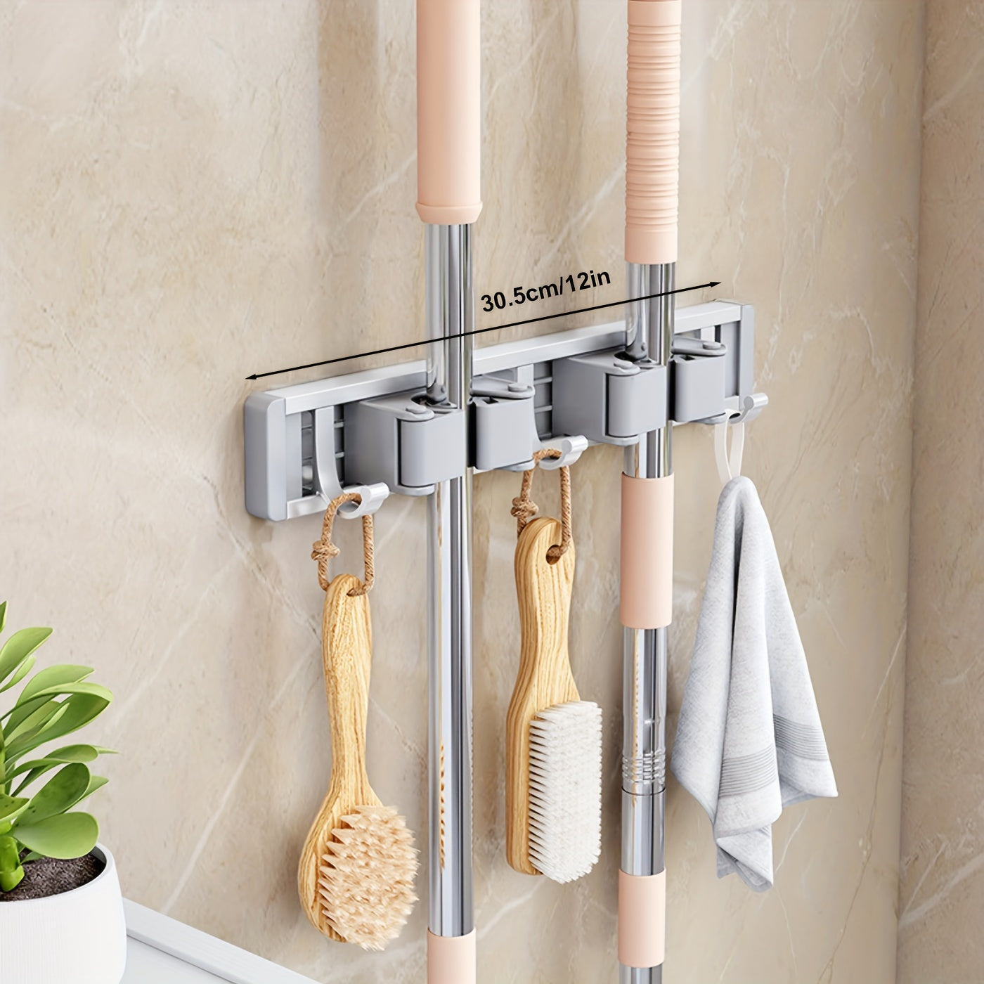 Bathroom Storage Rack Metal Mop & Broom Holder with Adjustable Hooks, Wall-Mounted Storage Organizer for Home, Kitchen, Garden, Laundry, Garage - Lacquered, Space-Saving Shelf for Mops, Brooms, Tools, Shelves