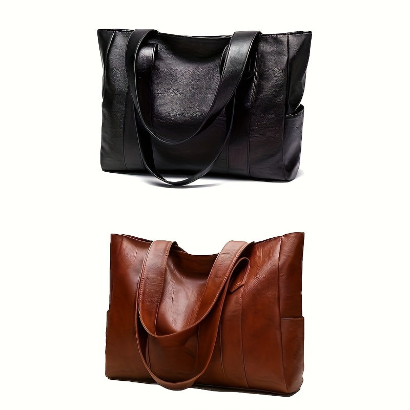 1pc Elegant Women's Shoulder Tote Bag - Large Capacity Durable PU with Zipper Closure, Double Handles & Polyester Lining, Deep Brown/Black - Perfect for Work,, Travel - Ideal Gift for Students & Professionals, Work Handbag, S