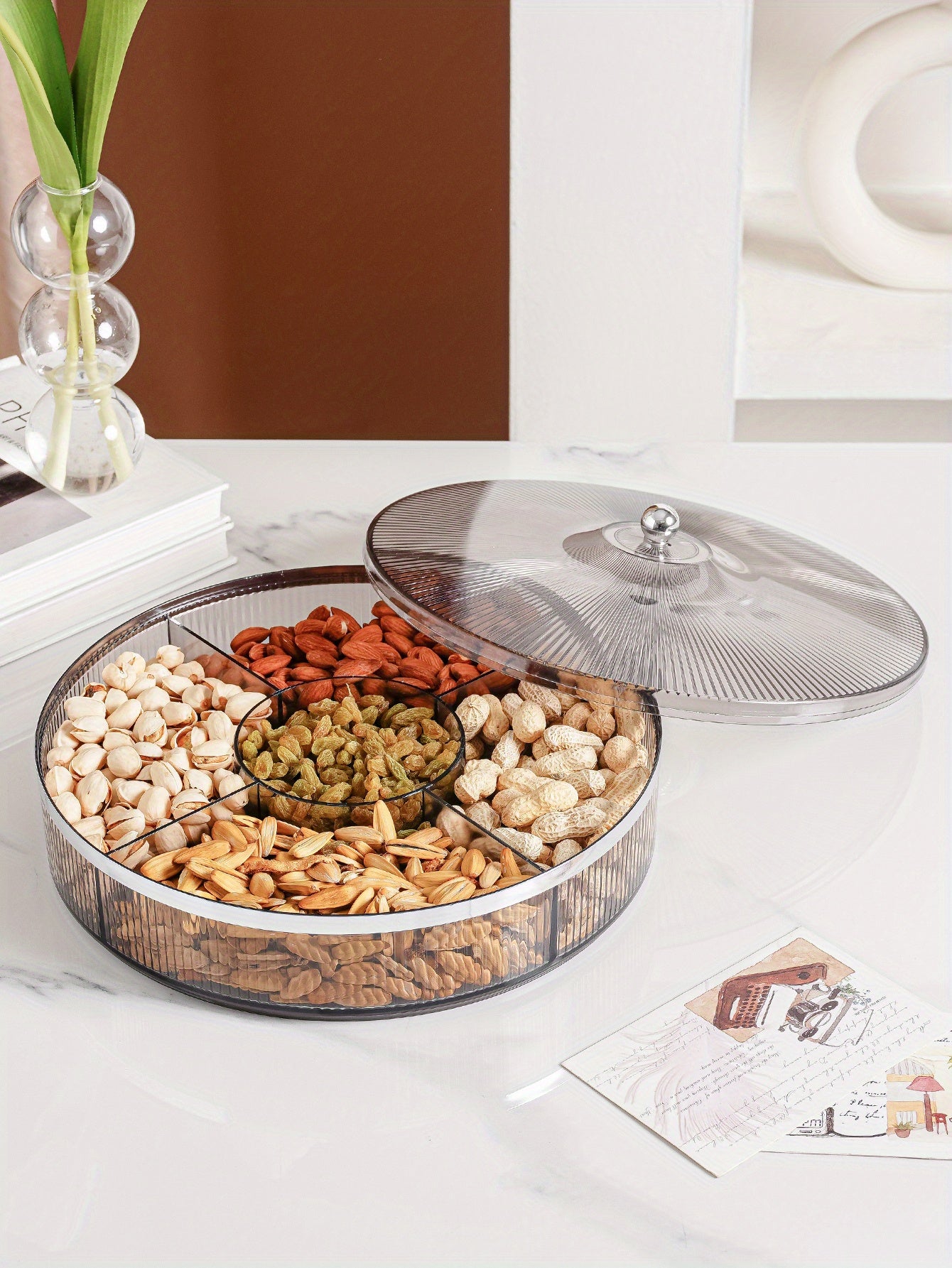 1pc, Candy Servers With Lid, 10.92in/28cm Clear Amber Gray Candy Snack Organizer, Candy Jar With Lids, Wedding Birthday Graduation Holiday Party Supplies, Home Decor