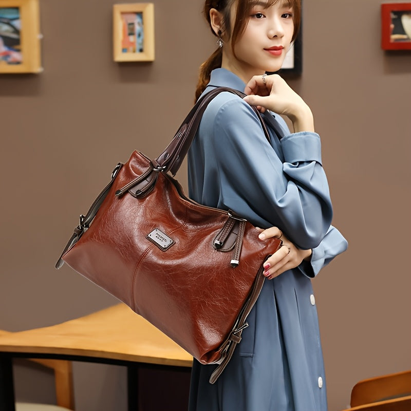 Women'S Vintage Handbag with Adjustable Shoulder Strap, Multiple Pockets & Soft Oil Edge Detail - Burgundy Polyester Lining, Zipper Closure, Elegant Accessory for Mother'S Day Gifts, Elegant Handbag | Vintage Tote Design | So