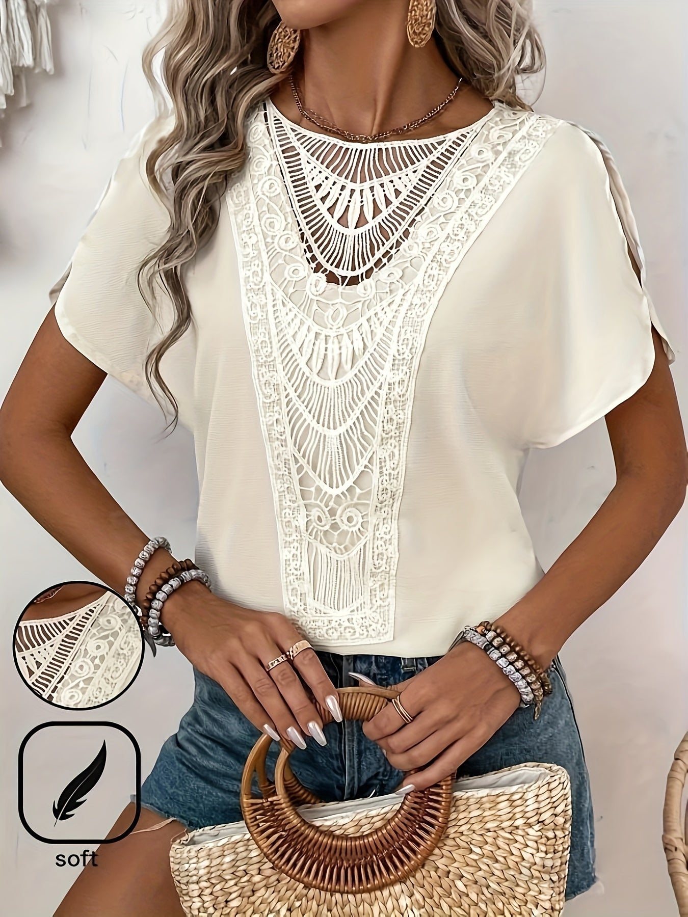 Contrast Lace Crew Neck Blouse, Elegant Solid Split Sleeve Blouse For Spring & Summer, Women's Clothing