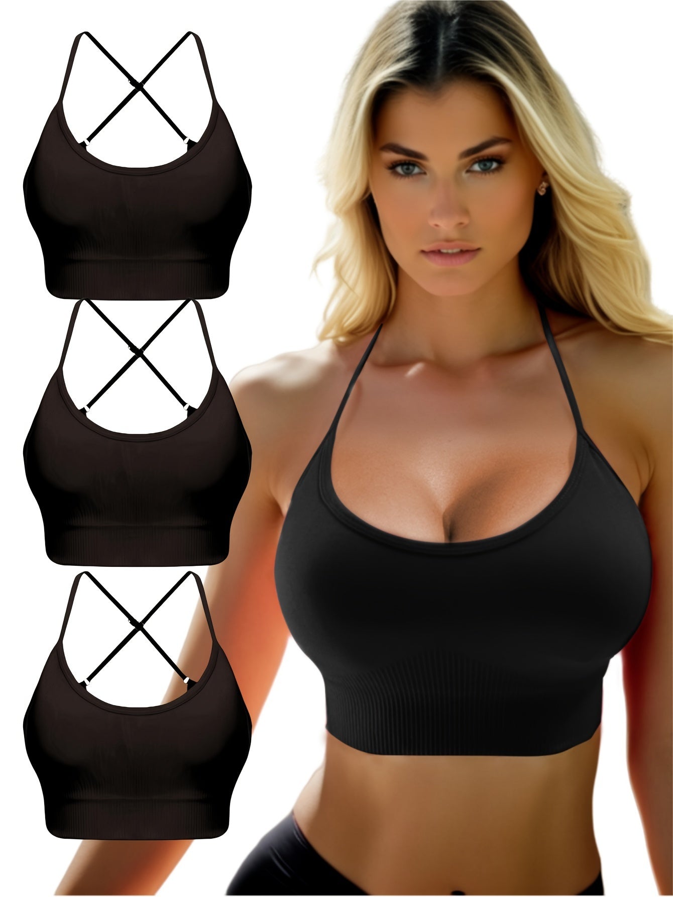 3 pcs Breathable Criss Cross Sports Bra for Women - Sleeveless Yoga Crop Top with Adjustable Straps - Perfect for Fitness and Activewear