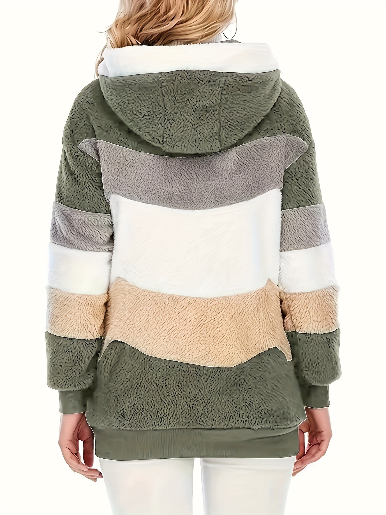 Women's Plush Faux Fur Hooded Jacket - Loose Fit Color Block Coat with Blue/Beige/White/Black Design, Long Sleeve Winter Warmth, Machine Washable for Casual & Formal Outfits, Ladies Winter Coats, Autumn Layering Piece, Formal