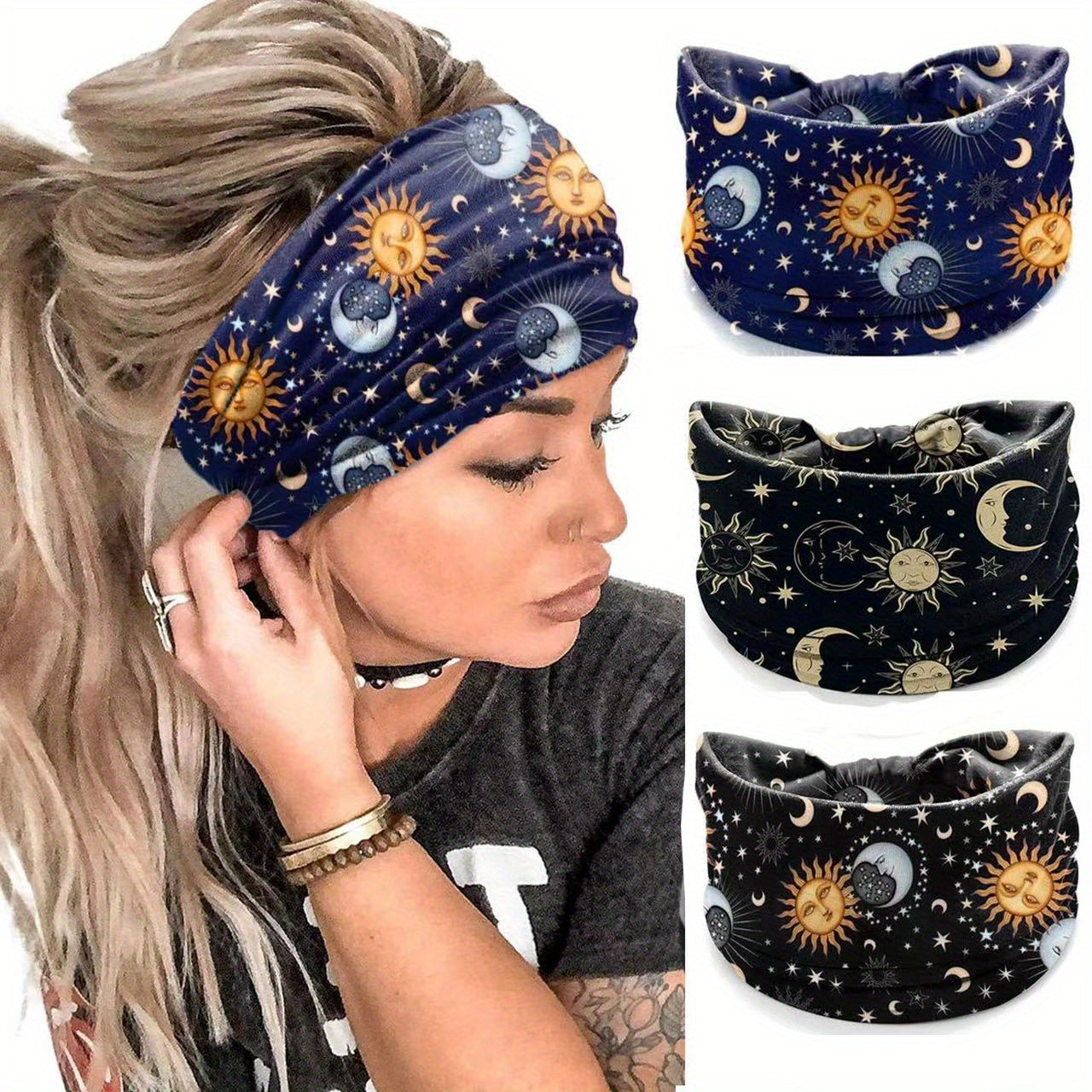 Boho Headband Sun Moon Printed Hair Band Wide Stretchy Sweatband For Yoga Running Headdress For Women