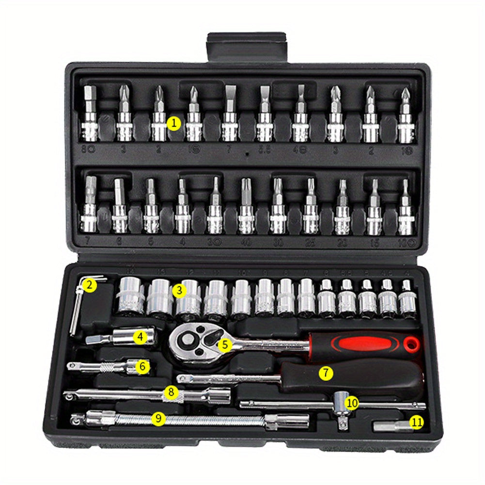 46pcs 2.54/10.16 Cm Drive Socket Ratchet Wrench Set, With Bit Socket Set, Metric And Extension Bar For Auto Repairing And Household, With Storage Case