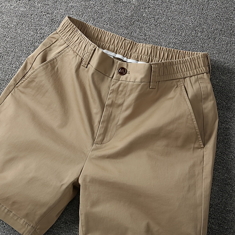 Men's Summer Micro-Elastic Casual Shorts - Four-Tenths Length, Olive Green, Mid-Rise Waist, Elastic Waistband, Side Pockets, Lightweight & Breathable for Casual Attire