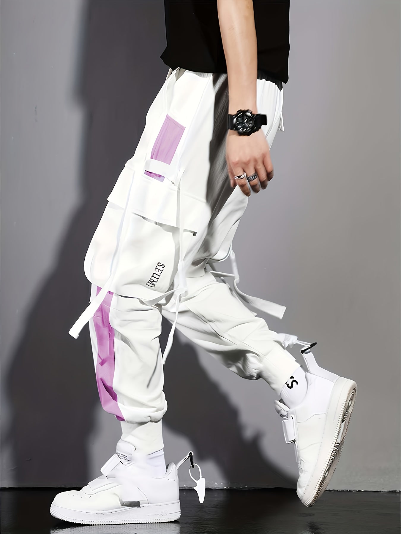 Multi-pocket Ribbon Design, Men's Color Block Cargo, Trendy Comfy Jogger Pants