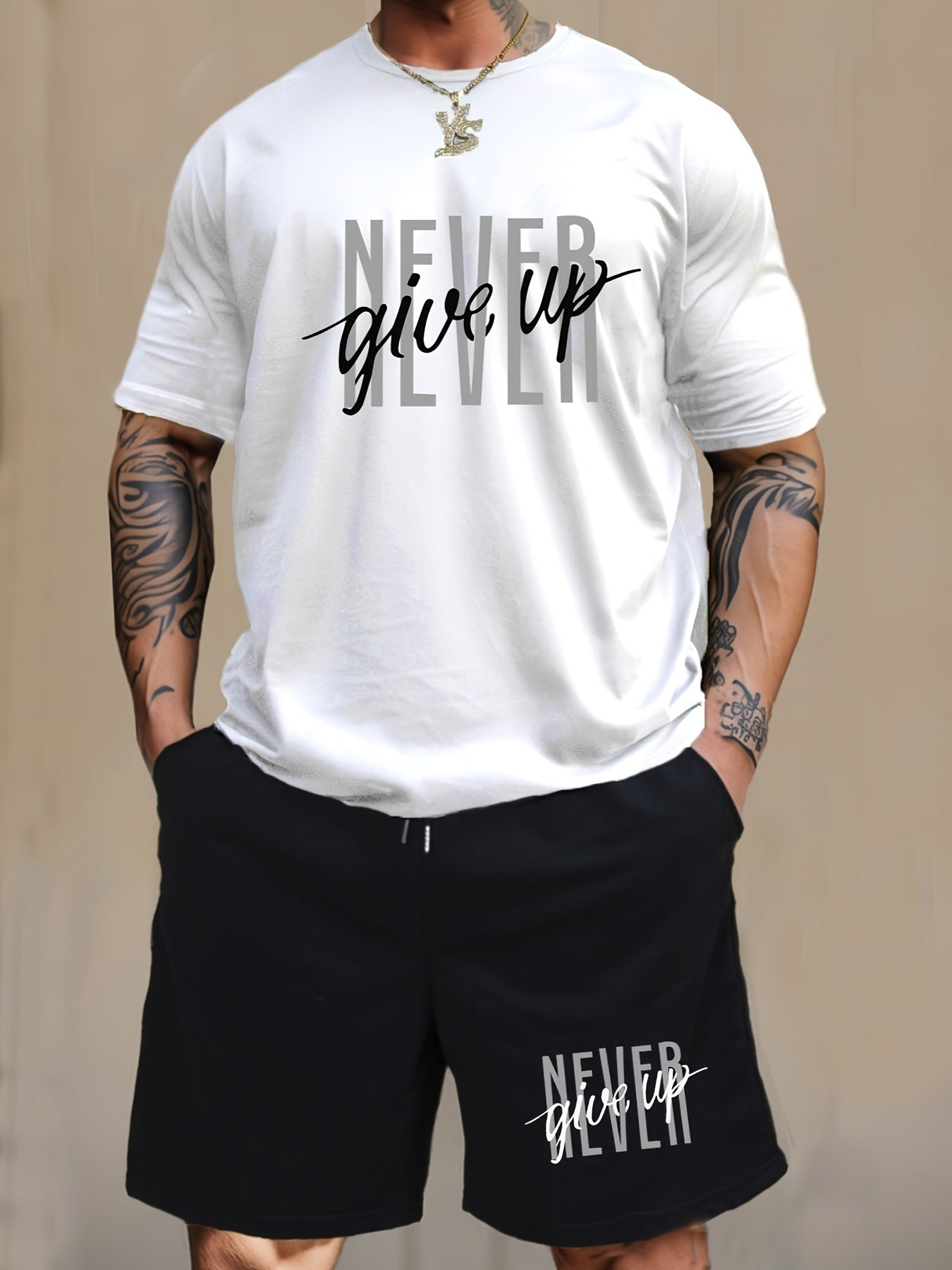 Men's Fashion NEVER GIVE UP Letter Print Loungewear Set, Short Sleeve Crew Neck Graphic T-shirt & Drawstring Shorts With Pockets, Casual Pajama Set, Men's 2piece Outfits