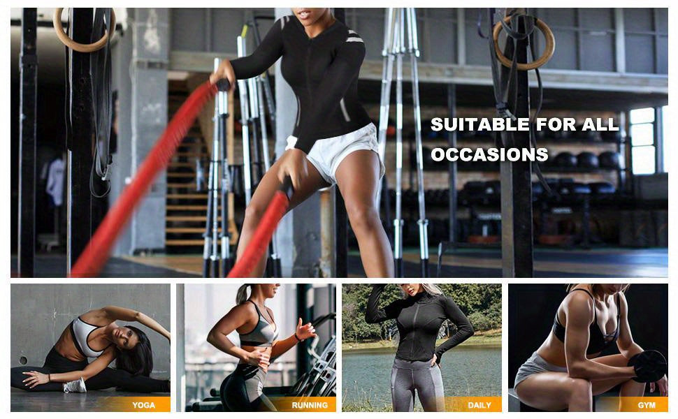 Long Sleeve Full Zipper Sweat Sauna Suit, Waist Training Weight Loss Slimming Fitness Workout Sports Jacket, Women's Clothing