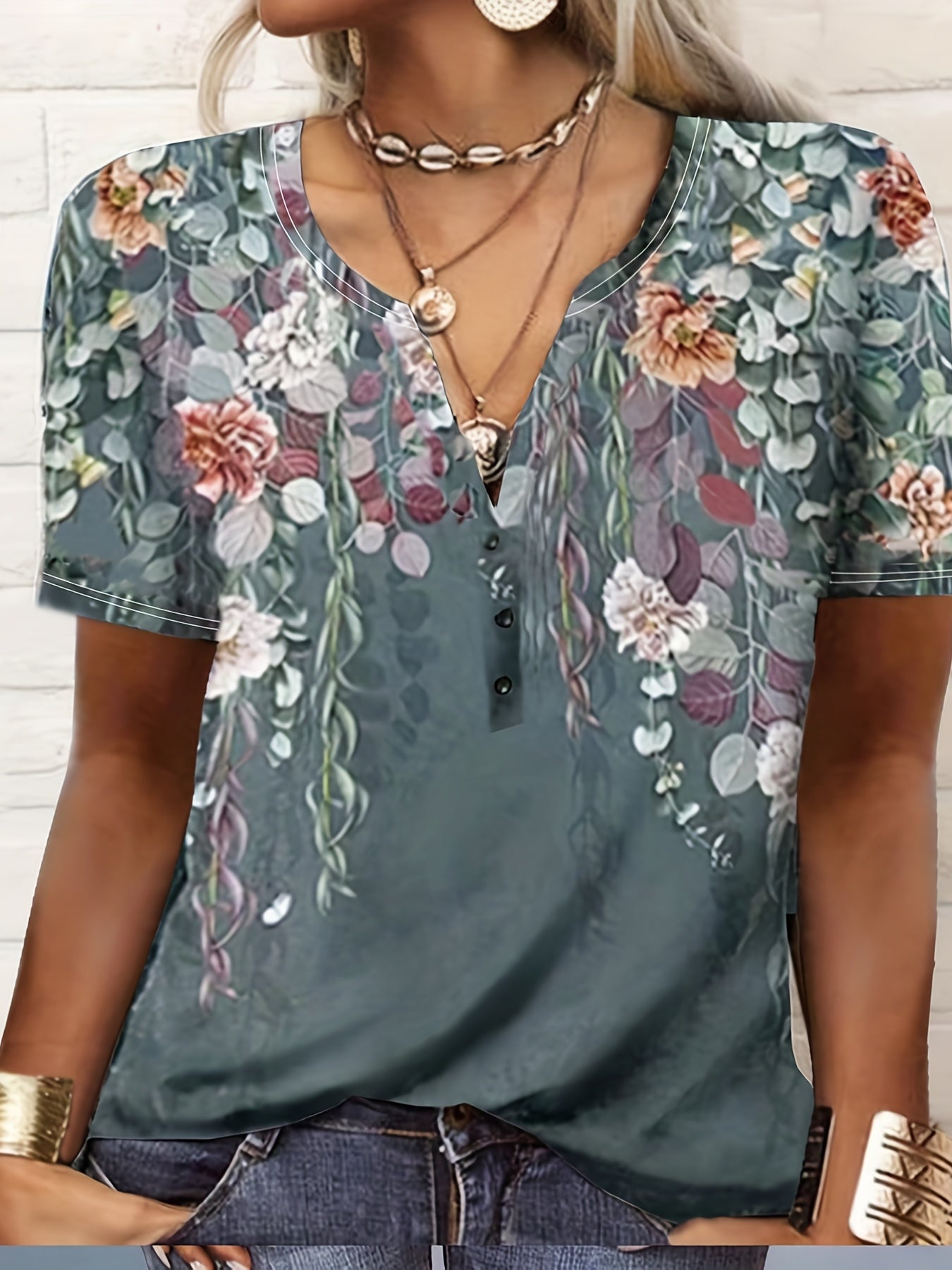 Floral Print Button Front T-Shirt, Casual Short Sleeve T-Shirt For Spring & Summer, Women's Clothing