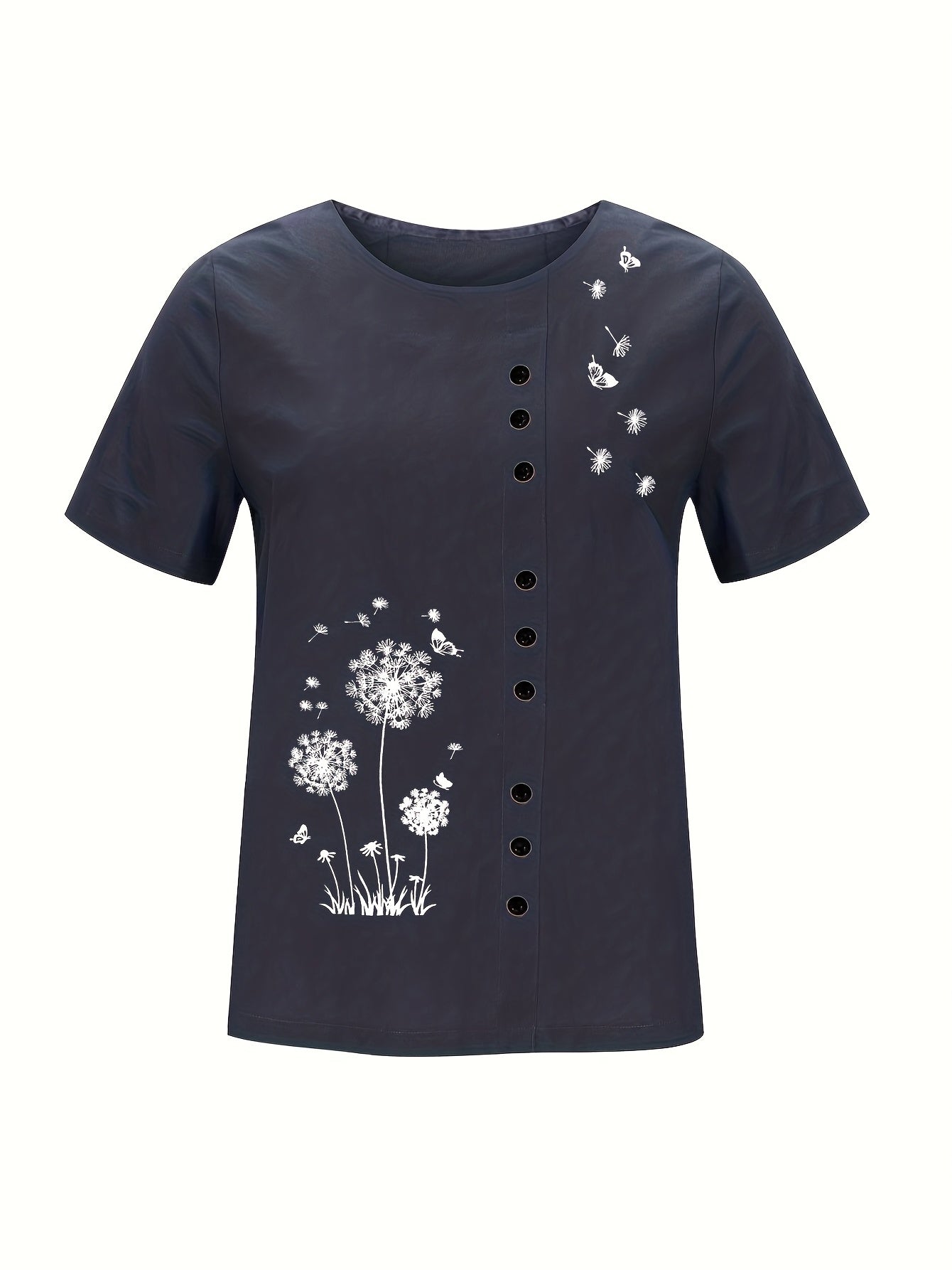 Dandelion Print Button Decor T-Shirt, Casual Crew Neck Short Sleeve T-Shirt For Spring & Summer, Women's Clothing