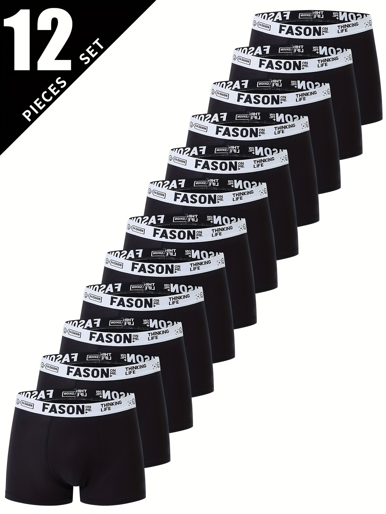 12/24pcs Men'S Boxer Briefs - Breathable, Comfortable, Stretchy Underwear with "FASON" Letter Print, Black, Casual Style, Comfortable Underwear | Stylish Boxers | Smooth Texture Fabric, Men'S Underwear, Boxer For Big Men, For