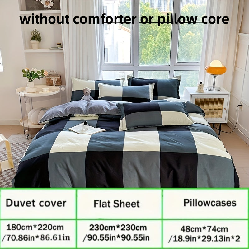 Soft and breathable 4pcs bedding set - Creative space plaid pattern, machine washable - includes sheet, duet and 2 pillowcases for all seasons - ideal for student dormitories, bedrooms and guest rooms