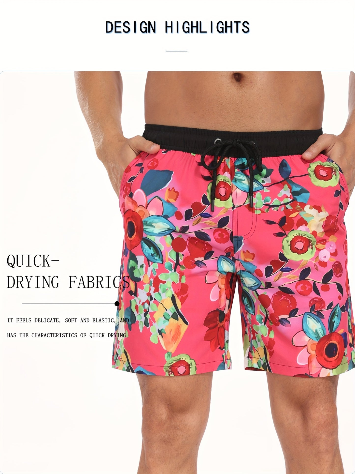 Men's Quick-Dry Beach Shorts with Tropical Palm Tree & Palm Leaf Print - Breathable Stretch Fabric for Summer, Outdoor, Hiking, Swimming - Machine Washable Casual Athletic Shorts, Outdoor Activewear, Summer Shorts