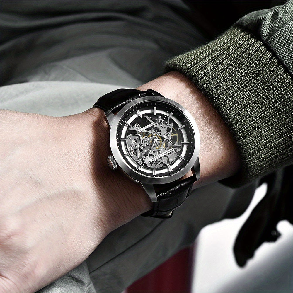 Pagani Design 2023 Men's Automatic Skeleton Watch, Self-Winding, Stainless Steel, Leather Strap, Pointer Series, Water Resistant To 100 Meters Sports Leather Watch