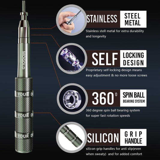 MOGOLD Adjustable Speed Jump Rope - Stainless Steel Metal Construction, 360° Spin Ball Bearing System, Silicone Grip Handles, Exercise & Fitness Skipping Rope for Adults, 14+ Age Group, Aluminum Alloy & PU Cable, Uncharged O